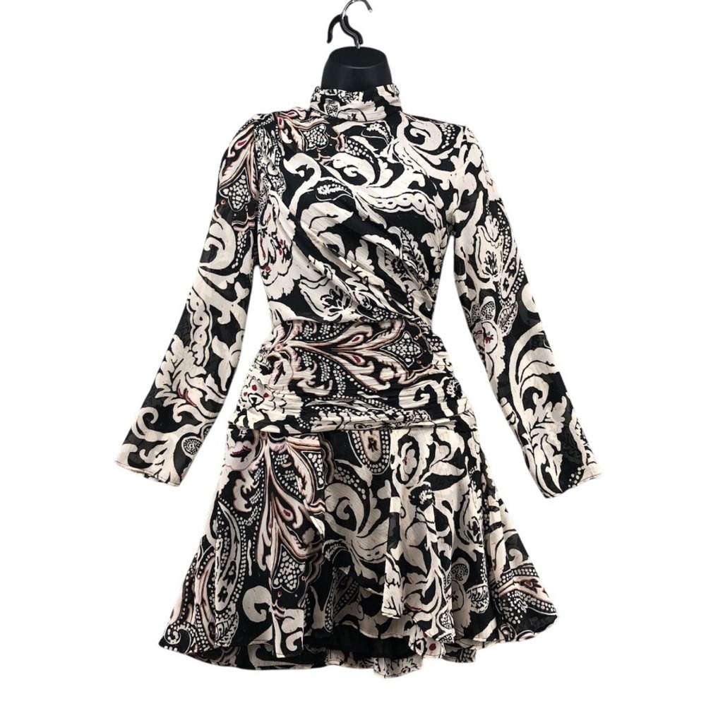 Zara Mini Dress Womens XS Adult Black Paisley Print Mock Neck Long Sleeve Ruched